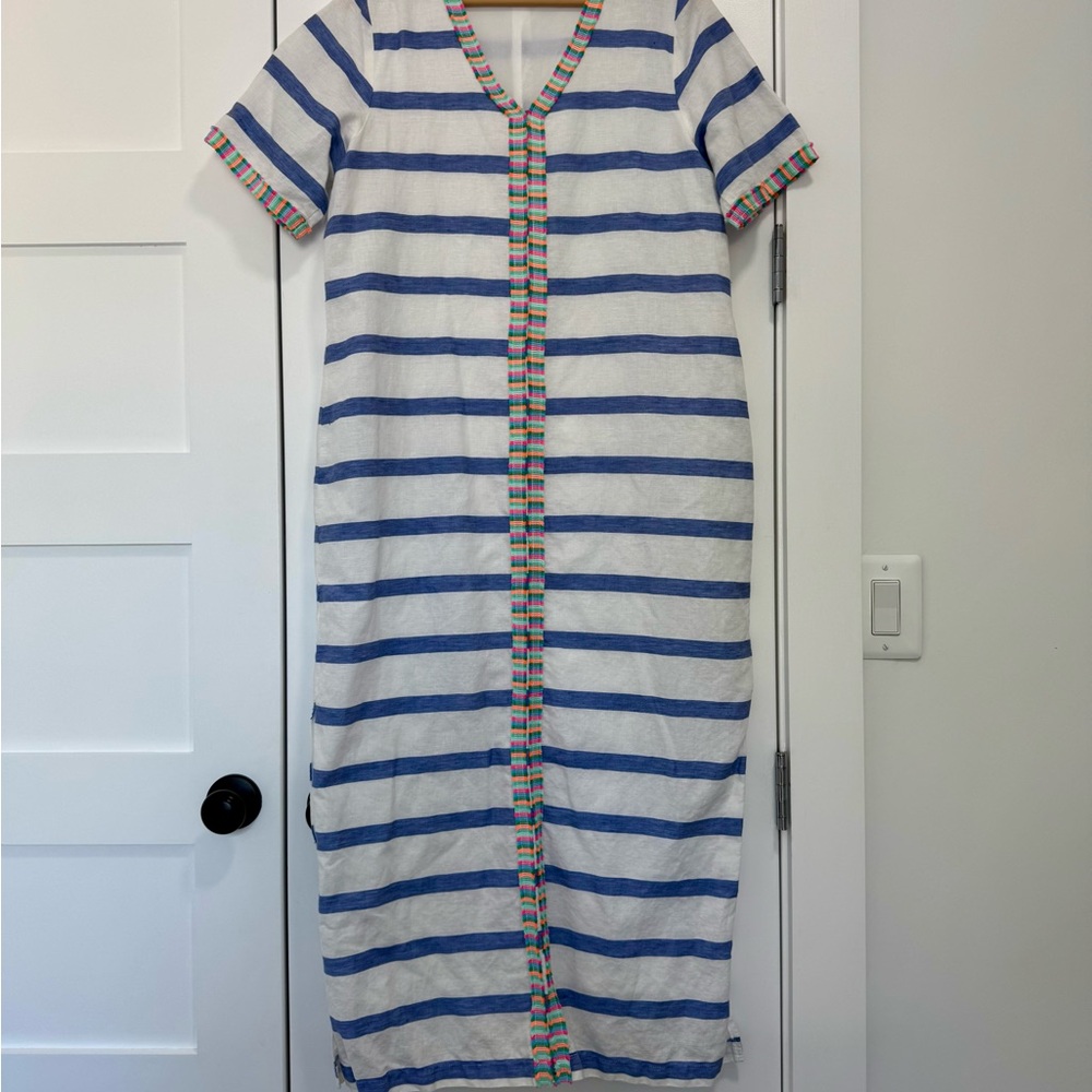 Vilagallo Blue and White Striped Maxi Dress with Colorful Trim